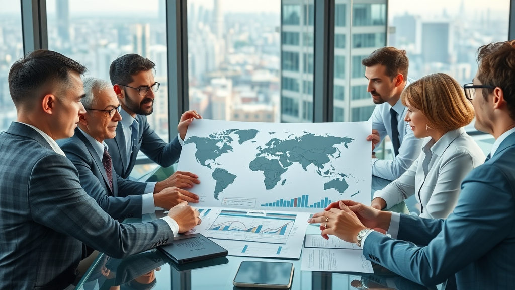 Executives in business meeting reviewing global supply chain map, discussing reshoring risks and trade tariffs effects