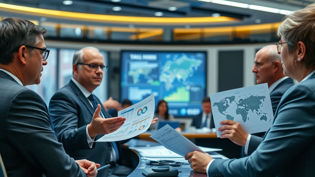 EU policymakers in conference room, reviewing trade documents and digital charts, reflecting European reaction to U.S. tariffs and economic effects