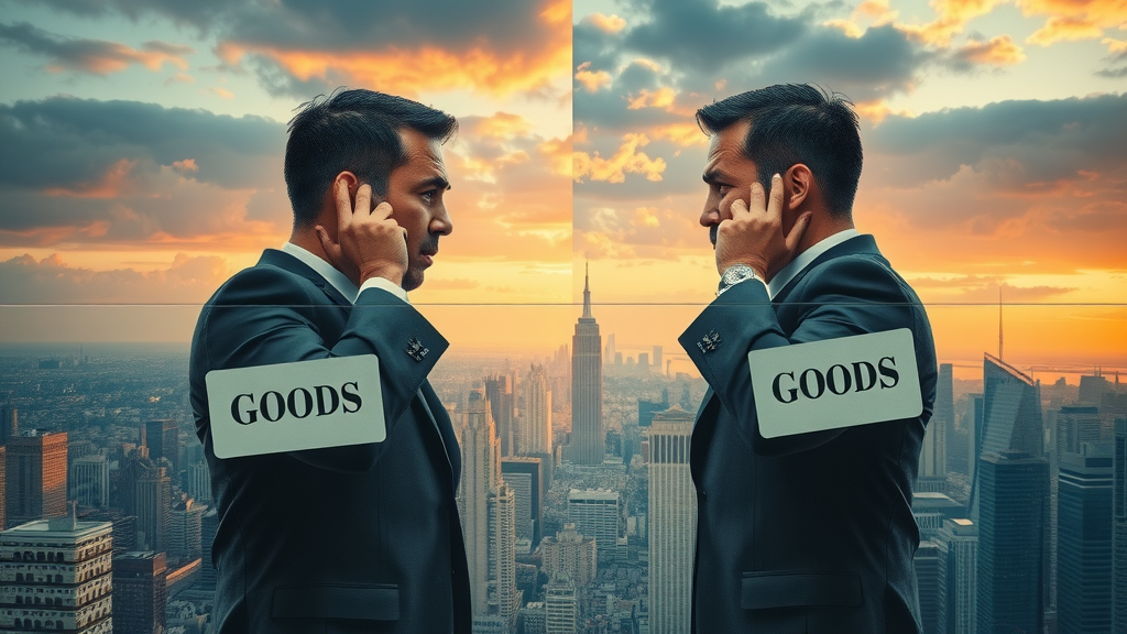 Two business competitors separated by a rising barrier labeled goods, representing trade war escalation and its global effects