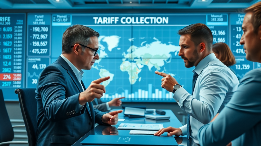Compelling infographic of business professionals analyzing graphs on tariff rate and import prices in a modern office boardroom