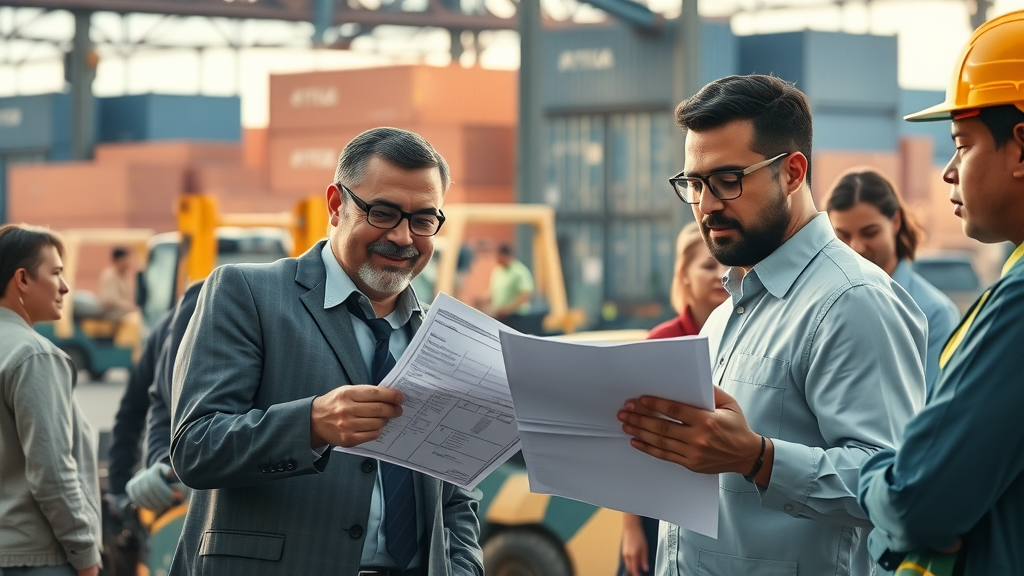 Manufacturing professionals reviewing shipping cargo and customs documentation for tariff and import prices at a busy customs checkpoint
