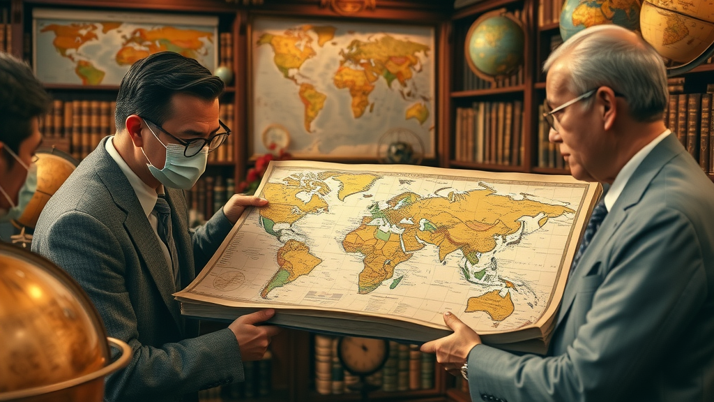 Historical overview of global trade barriers and tariff rates with businesspeople reviewing world trade and tariff data overlays