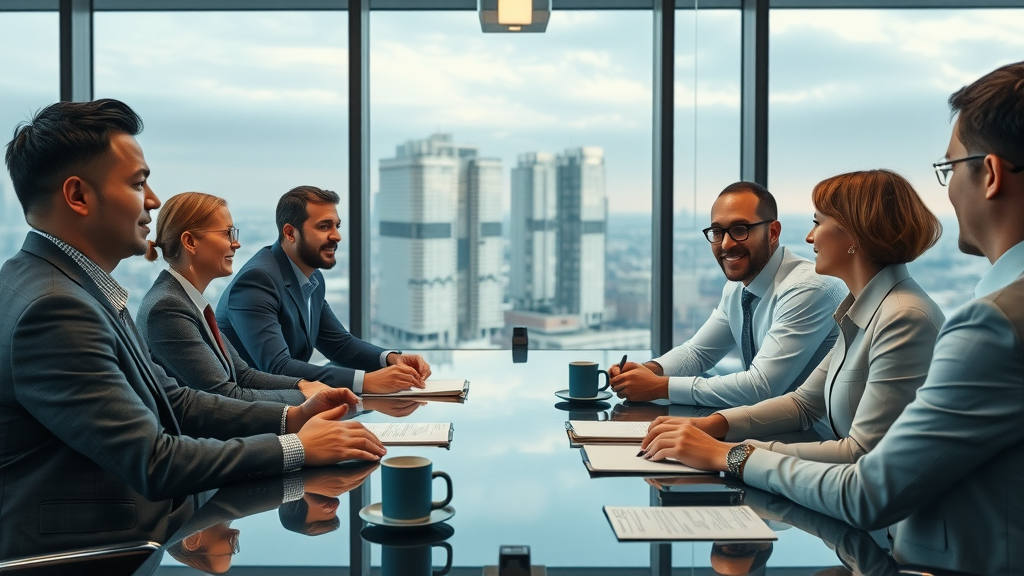 Procurement professionals negotiating tariff rates and contract terms with global suppliers in corporate boardroom