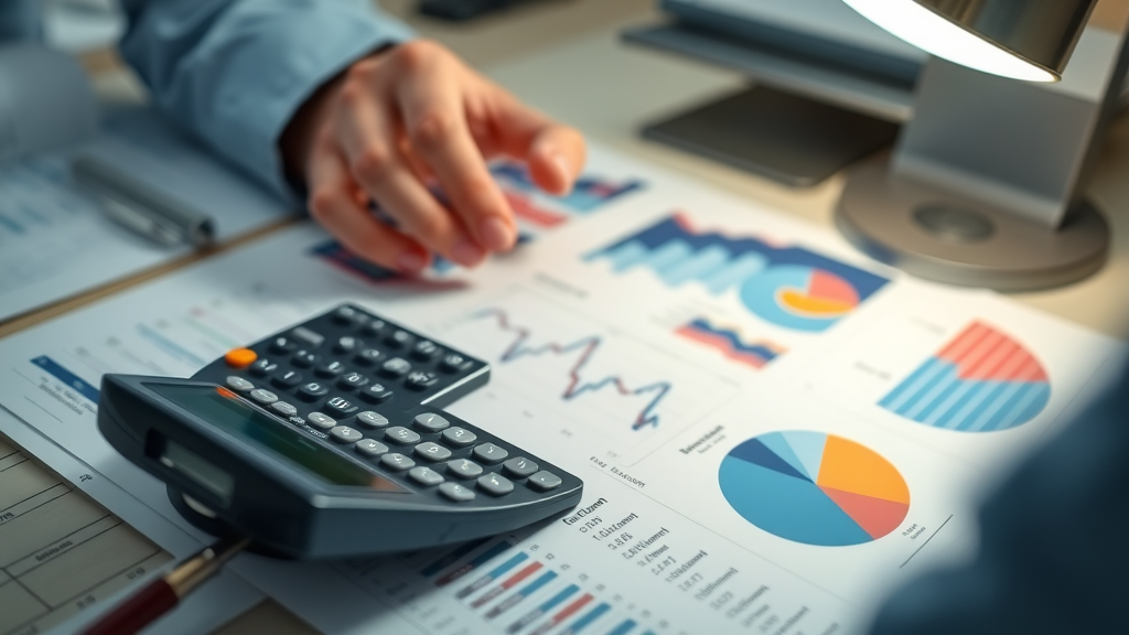 Trade analyst calculating tariff rates and import prices on spreadsheets with charts and calculators