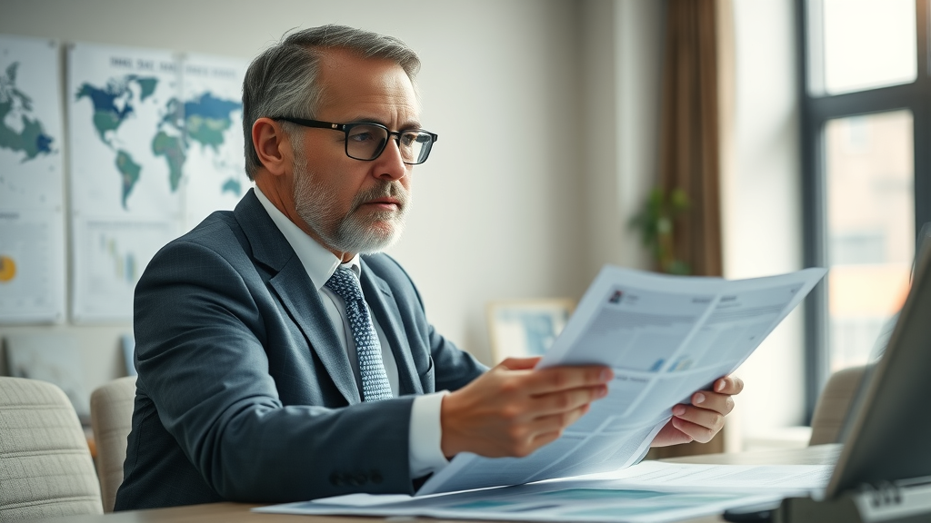 Business executive reviewing trade policy reports to stay ahead of tariff rate and import price changes