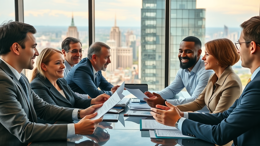 Professional businesspeople negotiating trade agreements at a modern office with cityscape, global trade scene