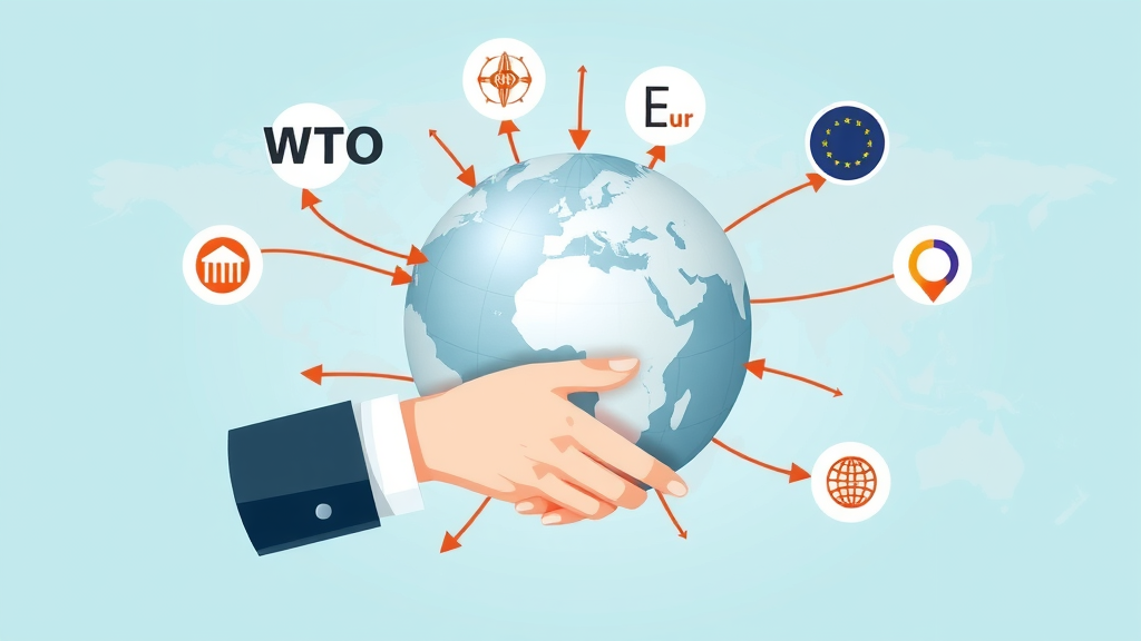 Infographic showing international organizations like WTO, IMF, EU, and NAFTA influencing world trade policies