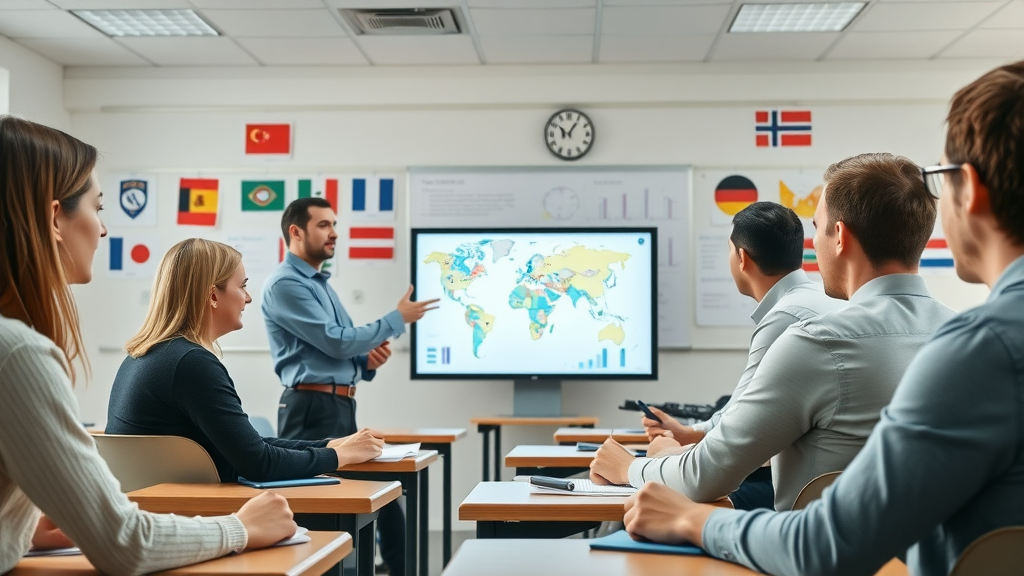 Teacher explaining international trade agreements to students, educational scene, globe and digital screen in background