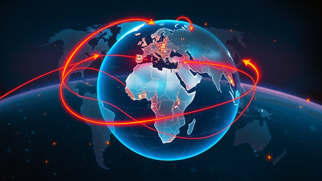 Stylized globe with colorful illuminated arrows linking continents, illustrating international trade flows