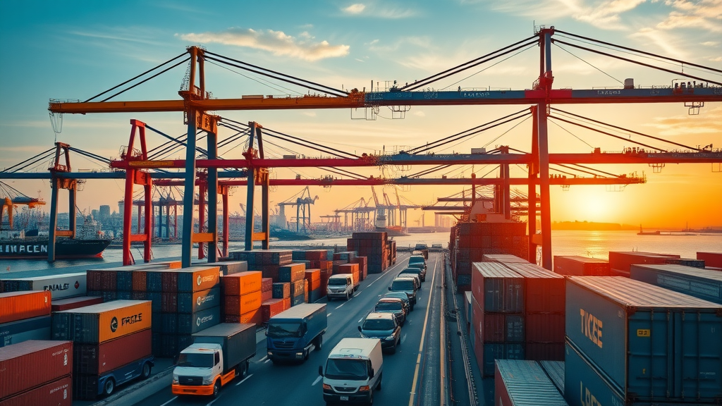 Dynamic container port at sunrise bustling with global trade and tariff activity, ships, cranes, and freight workers in sharp focus