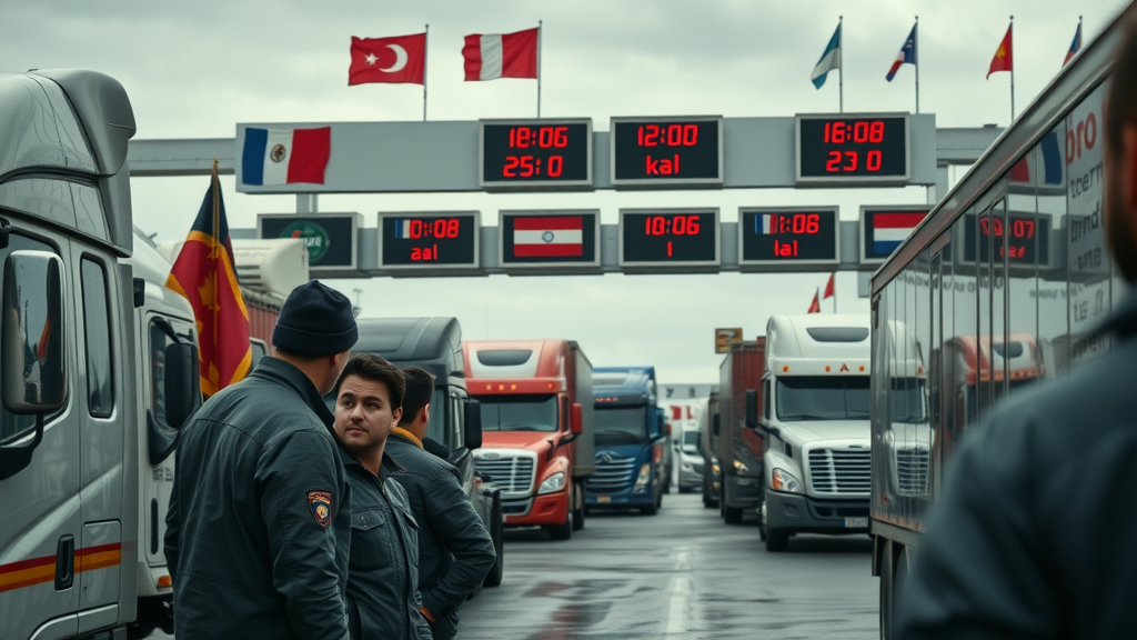 Trucks waiting at border checkpoint affected by trade barrier and tariff controls in international trade