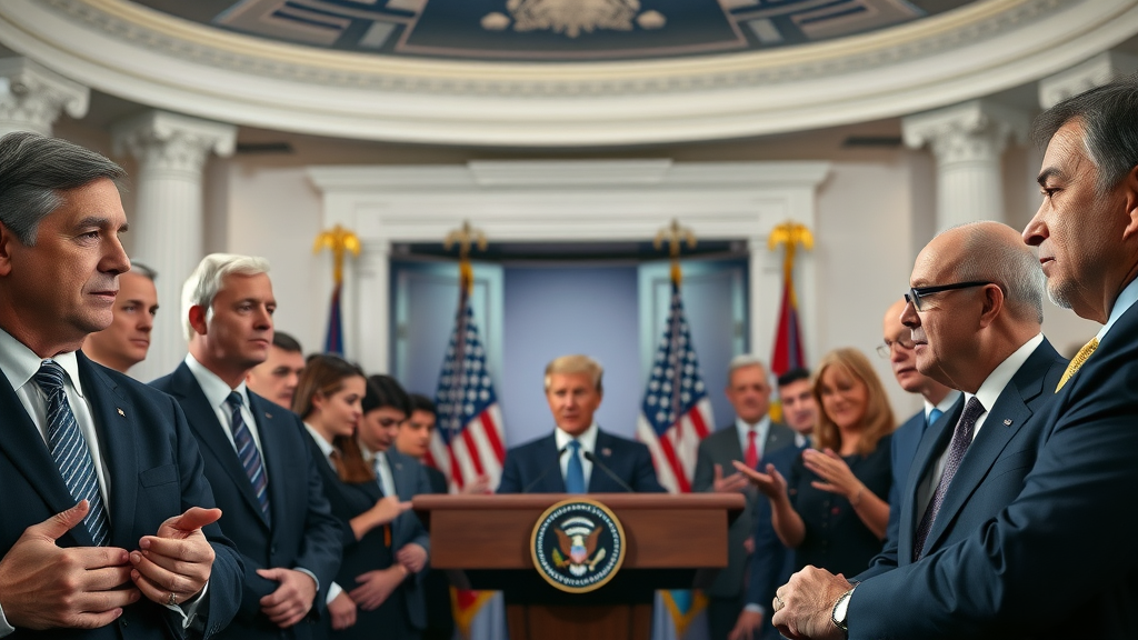 White House journalists analyzing Donald Trump’s tariff policy and trade barrier increases during press briefing, international flags visible