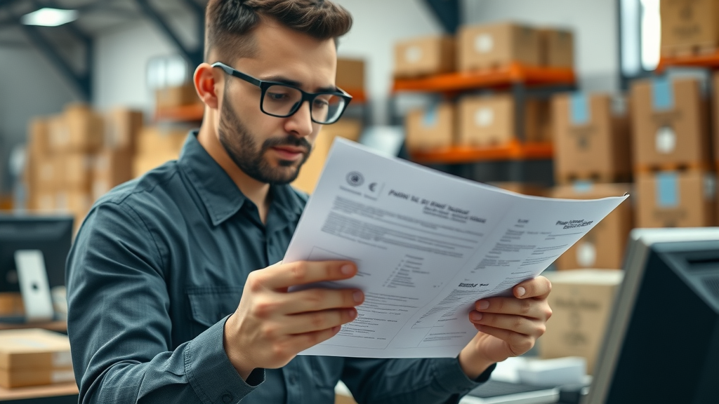 Customs officer verifying shipment documents and customs duties compliance for tariff and international trade in warehouse