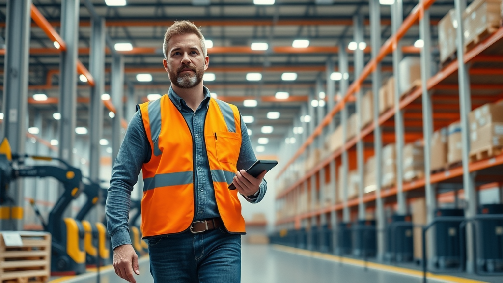 Confident supply chain manager using digital device to monitor tariff and international trade risk management in a robotic warehouse