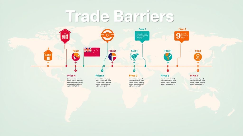 Infographic visually detailing timeline of tariff and international trade events and trade barrier changes, colorful icons and map