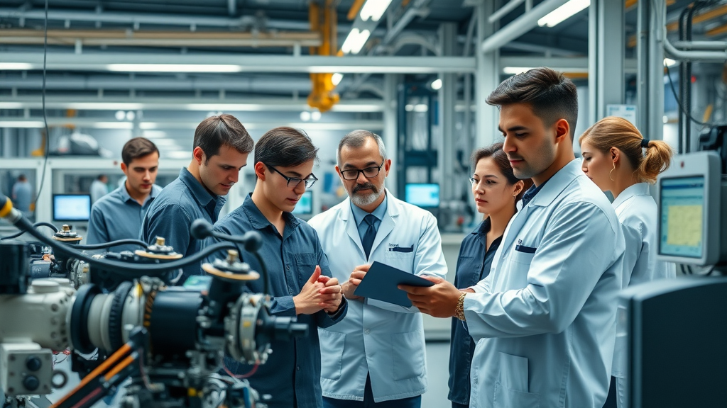 Futuristic industrial automation lab with diverse engineers collaborating around advanced machine builders and control panels