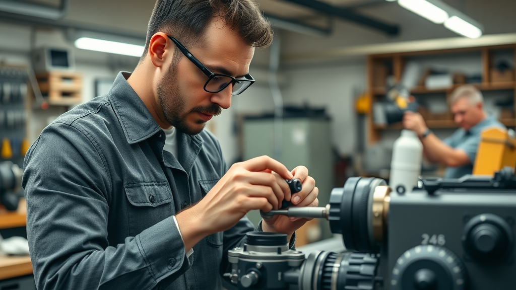 Professional machine builder calibrating precision equipment in modern industrial workshop among advanced tools