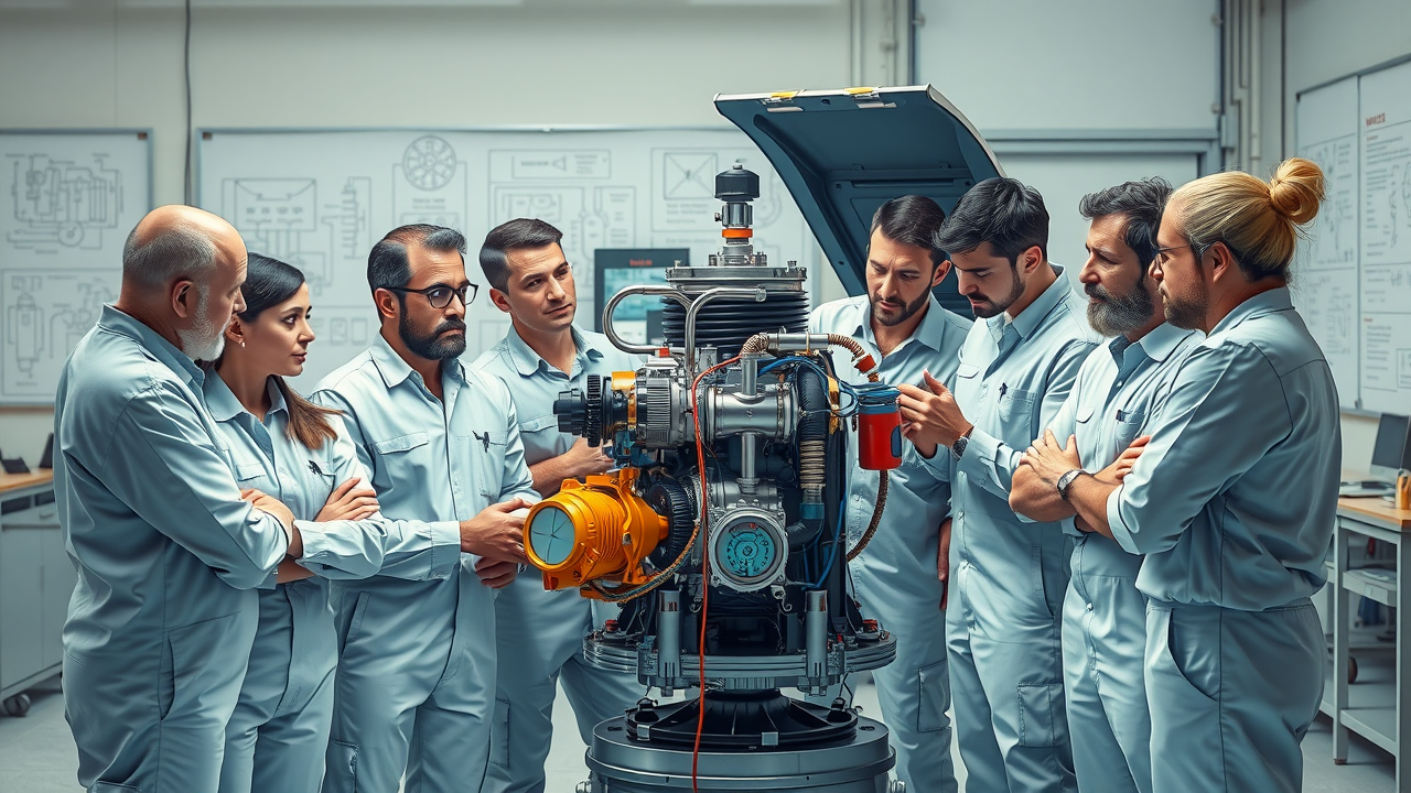 Diverse team of engineers and technicians brainstorming beside a newly assembled custom machine in bright workshop