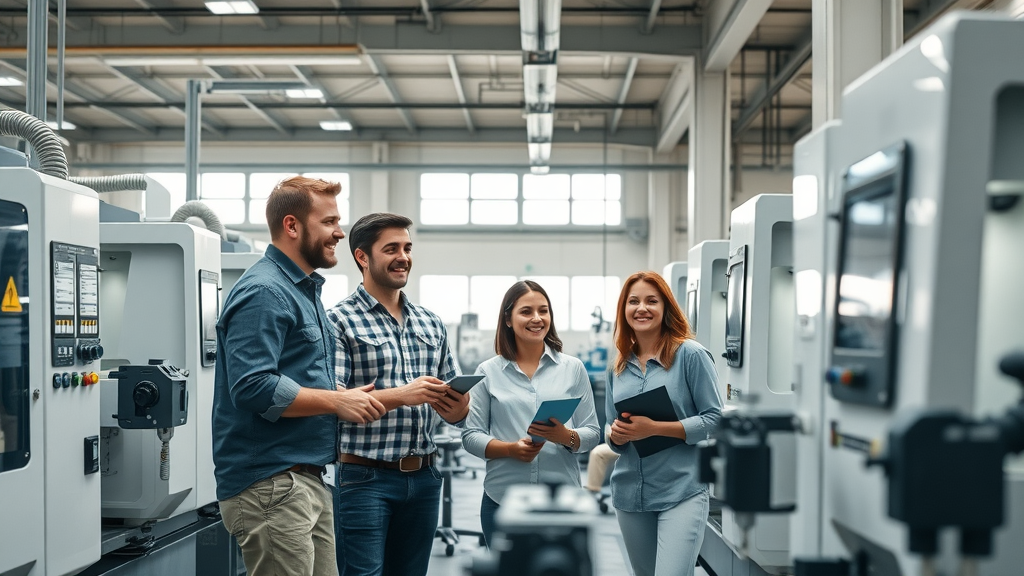 modern CNC machine shop interior with team collaborating and monitoring technologically advanced CNC solutions