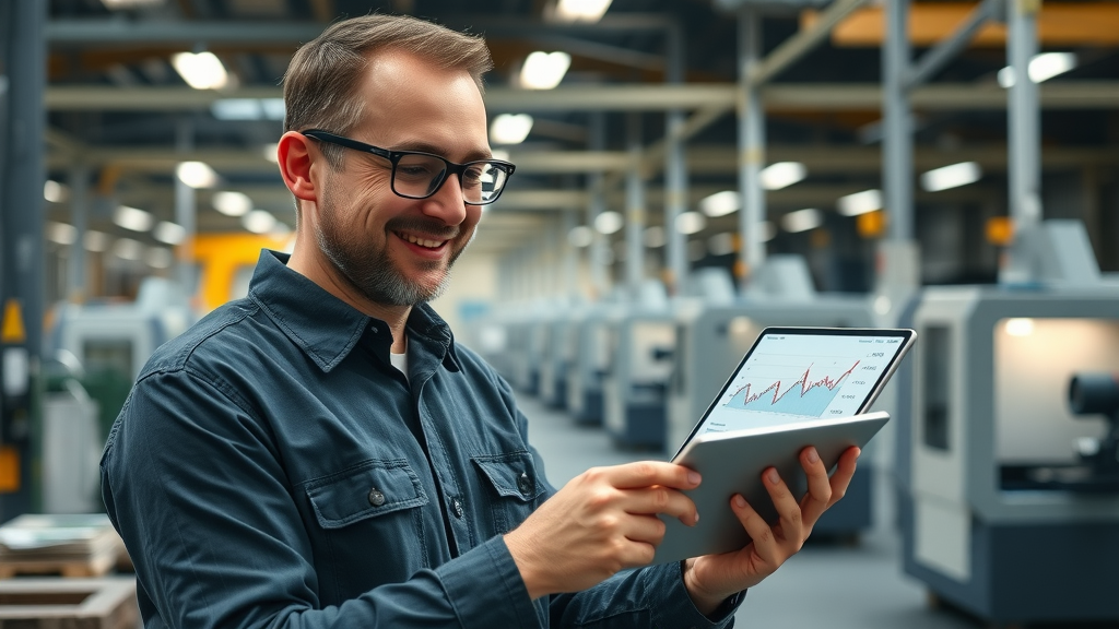 smiling production manager reviewing productivity after implementing CNC solutions in a modern machine shop