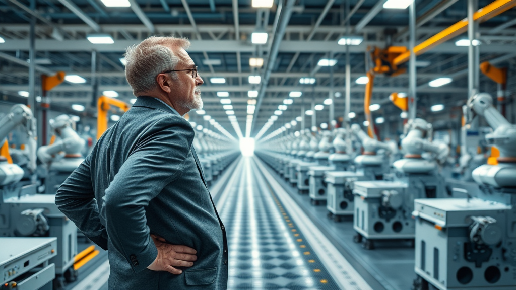 Futuristic automated factory floor using advanced CNC solutions; business leader overseeing modern machine shop with robotic CNC clusters