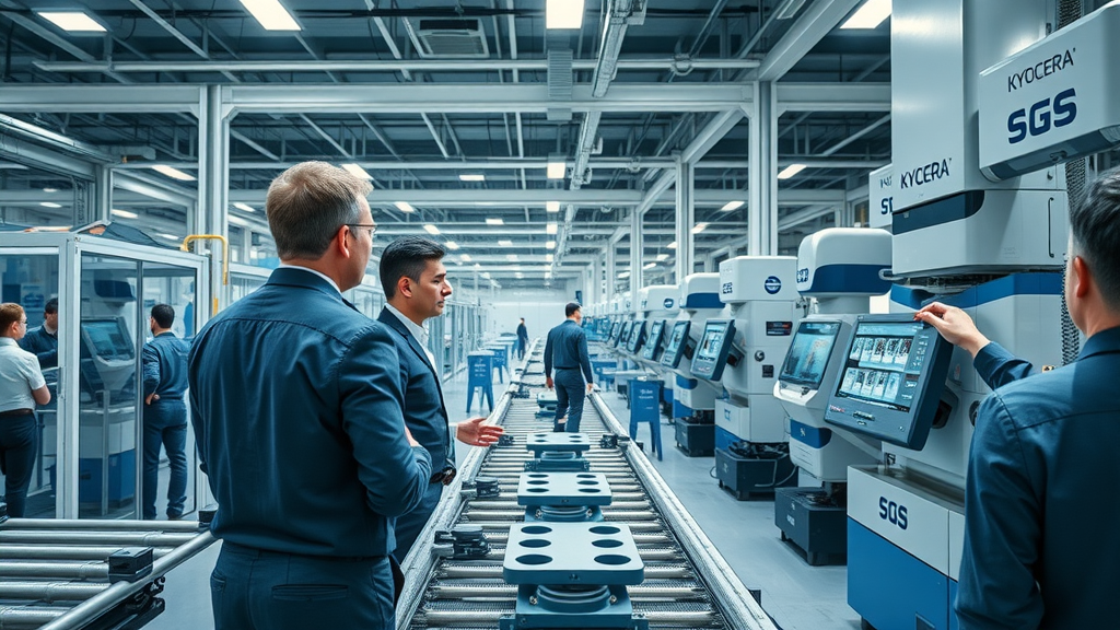 KYOCERA SGS Precision Tools manufacturing facility producing advanced carbide cutting tools with automated systems and engineers supervising production