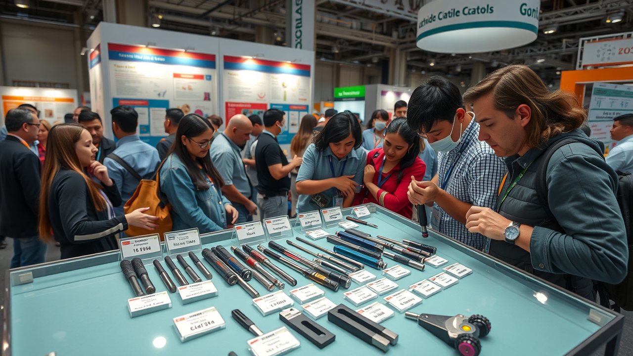 Educational display case featuring labeled carbide cutting tools and students examining tool types at a trade show