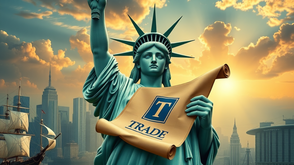 Statue of Liberty with trade symbol and global trade routes, highlighting U.S. role in global trade agreements