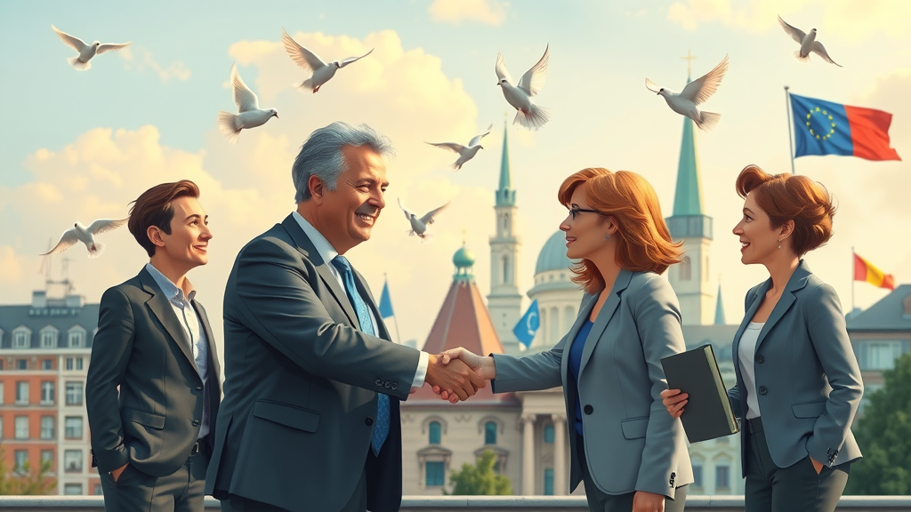 European leaders collaborating on free trade agreements, handshake in front of major EU landmarks