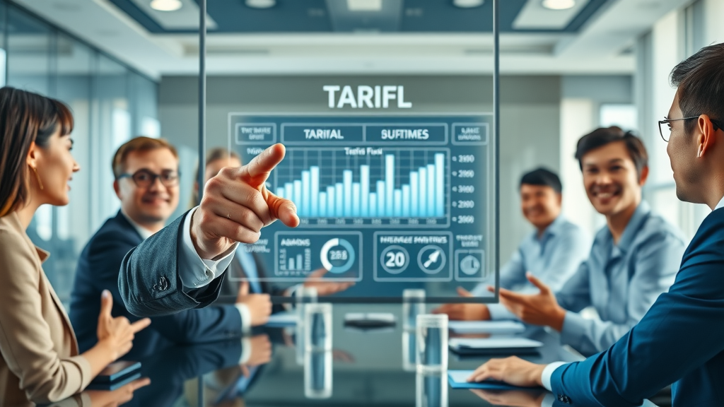 Infographic explaining tariff policy analysis concepts and trade flow between global economies