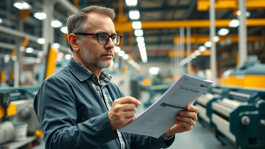 Manufacturing plant manager analyzing financial documents to assess the impact of tariff policy analysis on production