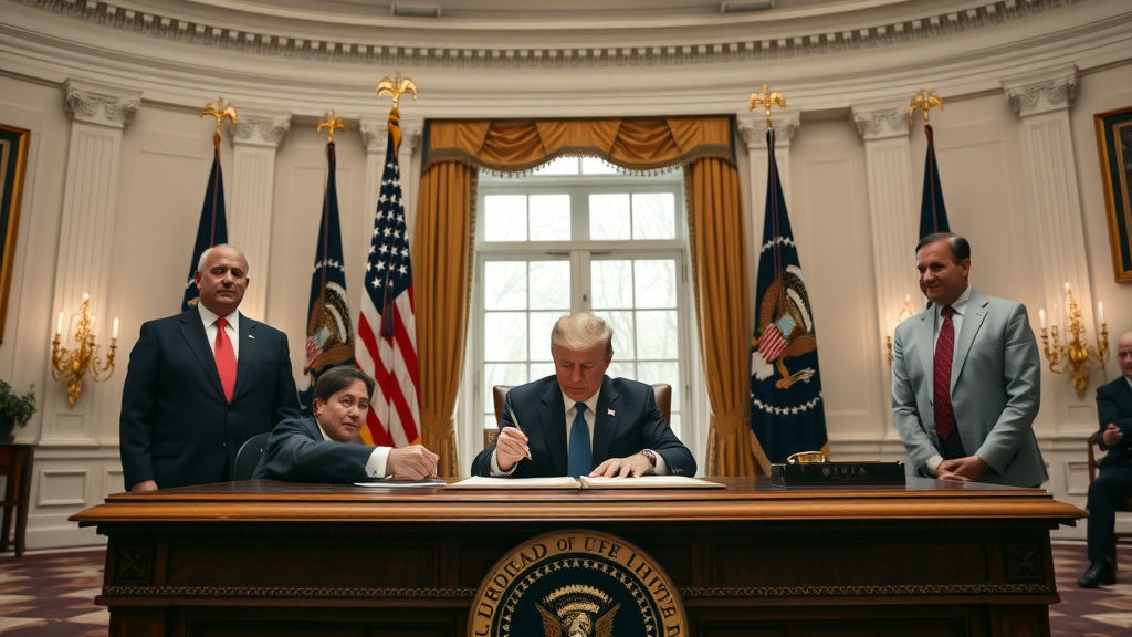 President Trump signing trade policy documents, shaping the United States tariff policy analysis