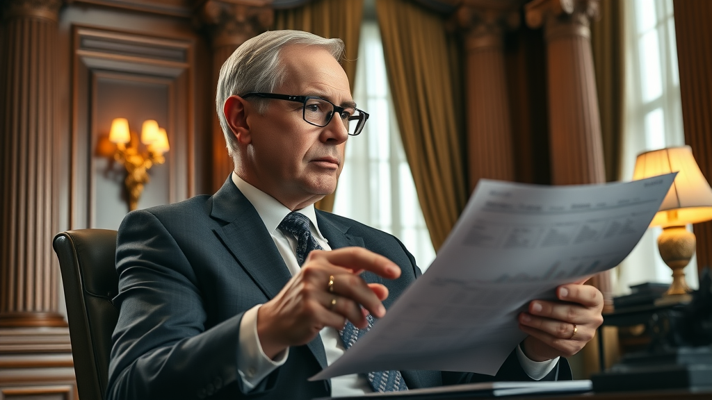 Government finance minister analyzing how tariff revenue from policy analysis shapes economic impact and fiscal policy