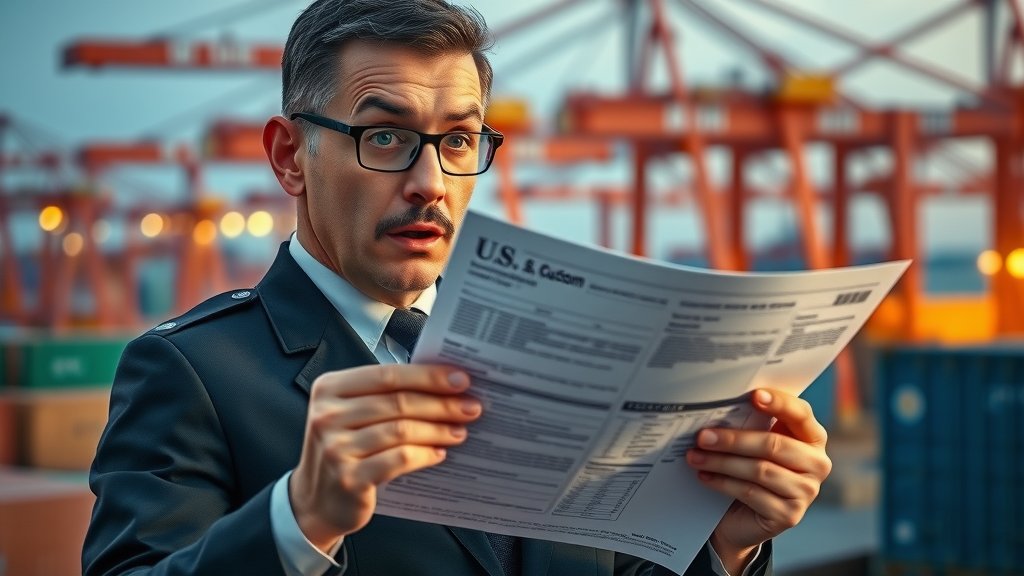 U.S. customs officer holding a tariff bill at a shipping port, symbolizing economic consequences of tariffs