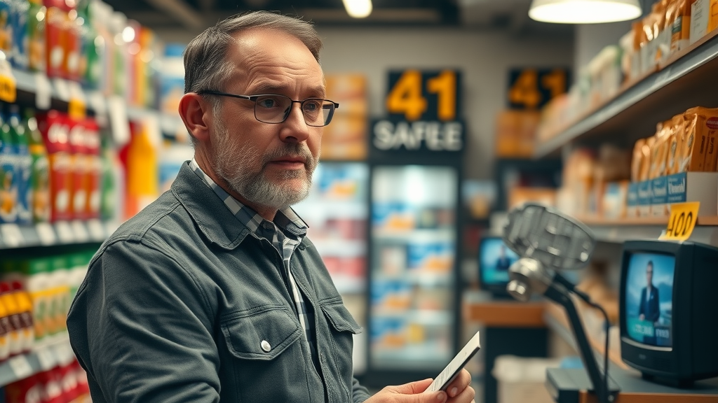 Small business owner monitoring rising product prices in retail, showing tariffs