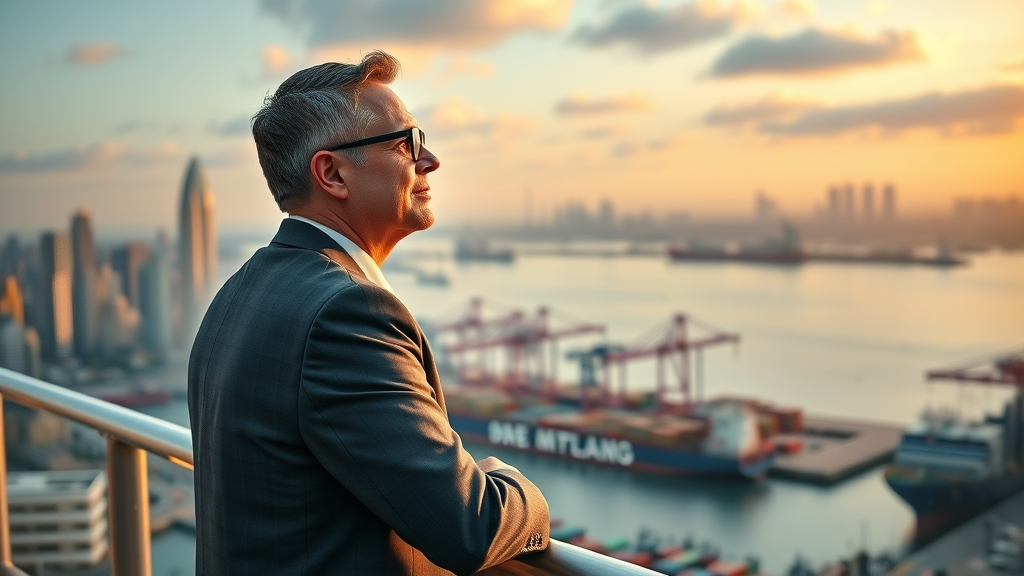 Forward-looking business leader overlooking city and shipping harbor, focused on global trade and tariff strategies