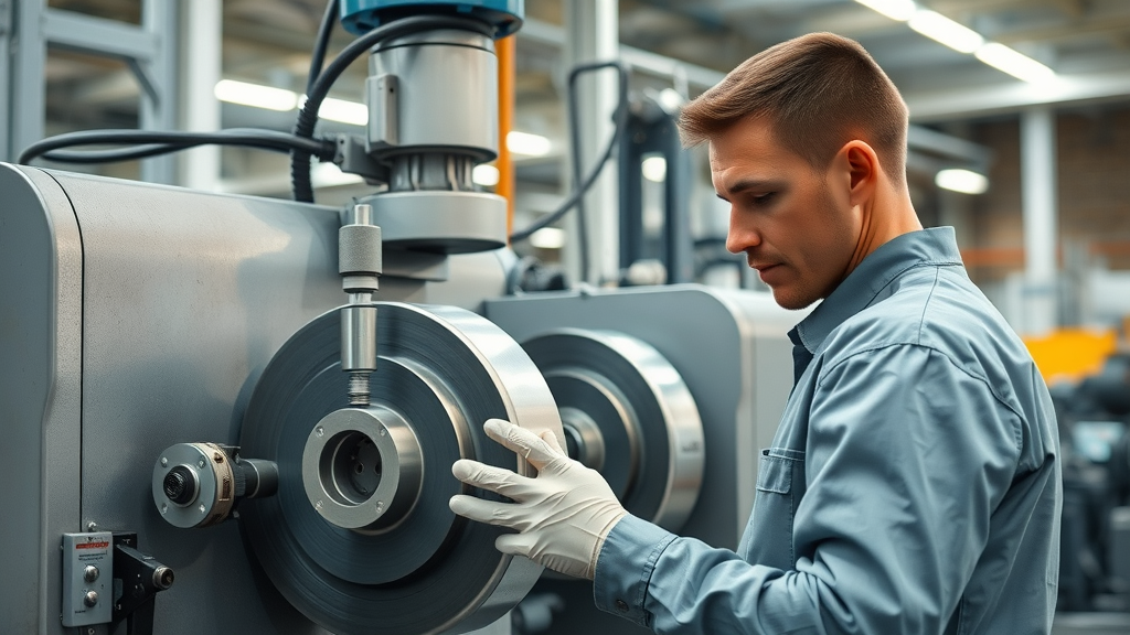 Technician operating advanced cylindrical grinder machine in factory setting