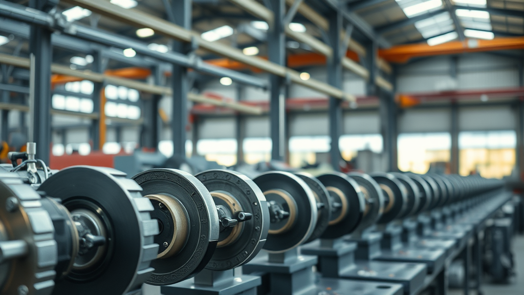 Multiple modern grinders refining metal parts in a sunlit manufacturing workshop