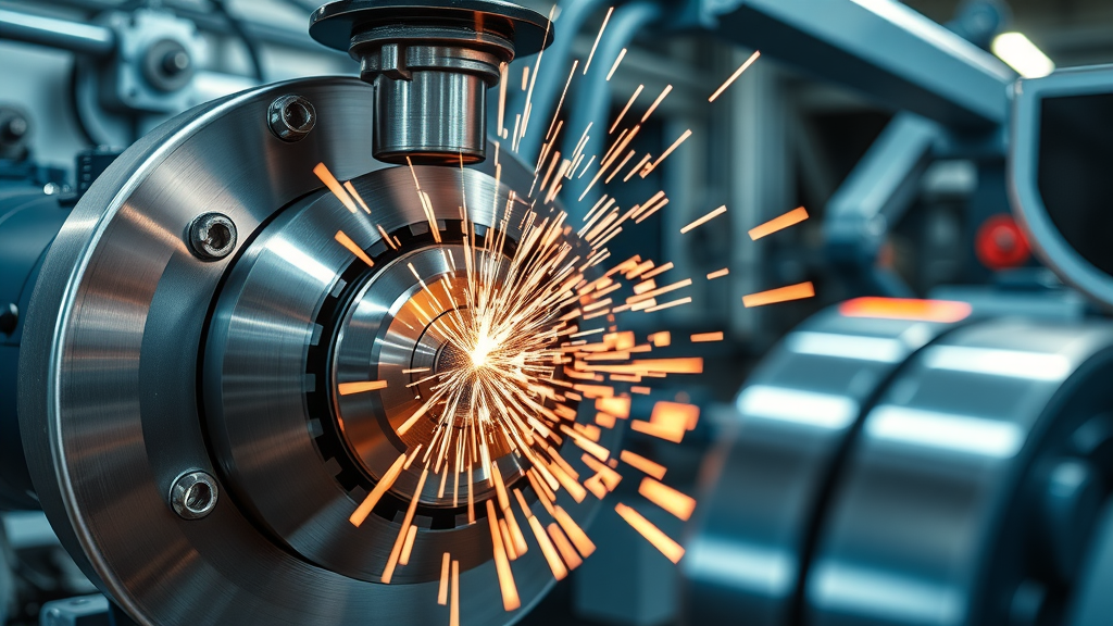 Close-up of high-tech grinder machining metal component with sparks and precision