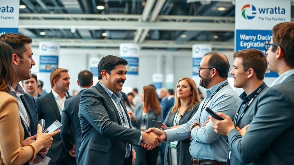 Trade organizations conference - diverse industry professionals networking, trade group banners, and presentations in the United States