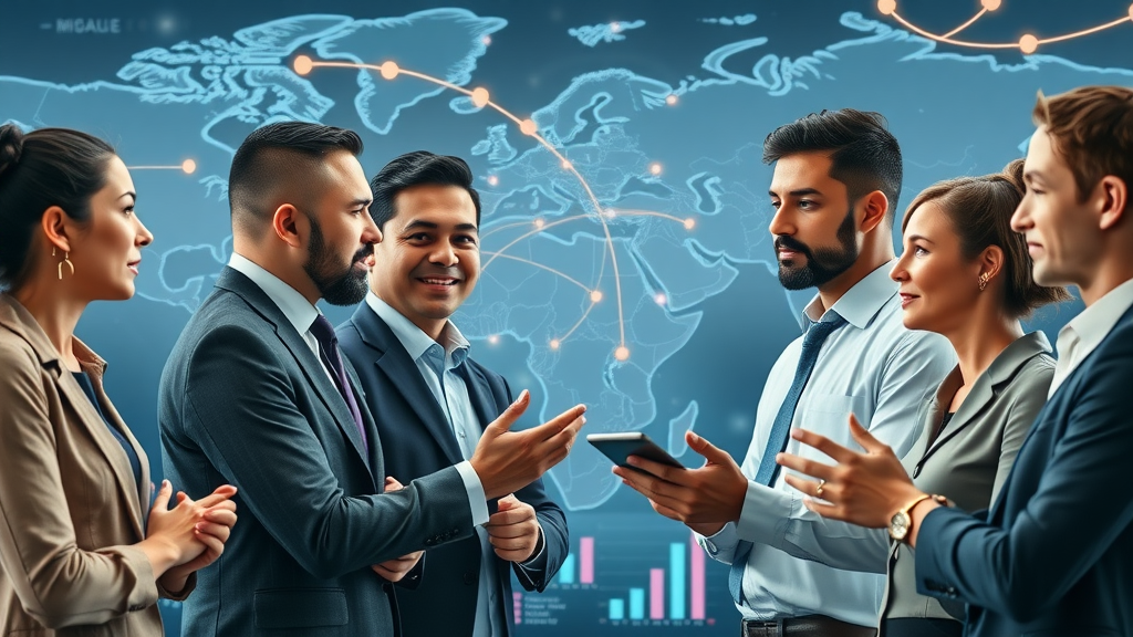 global trade policies dynamic world trade map international business professionals discussing shipping routes and trade charts