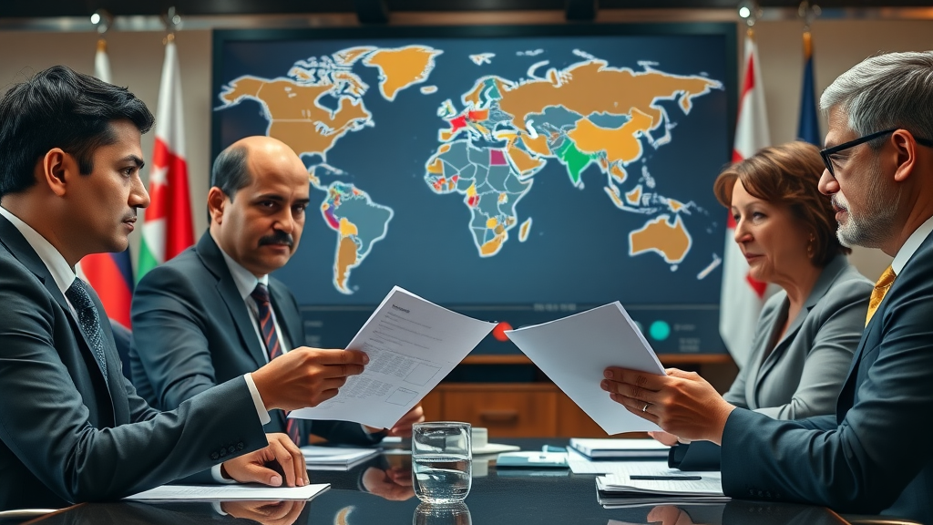 trade policy formal international meeting multicultural negotiators flags digital map trade agreements