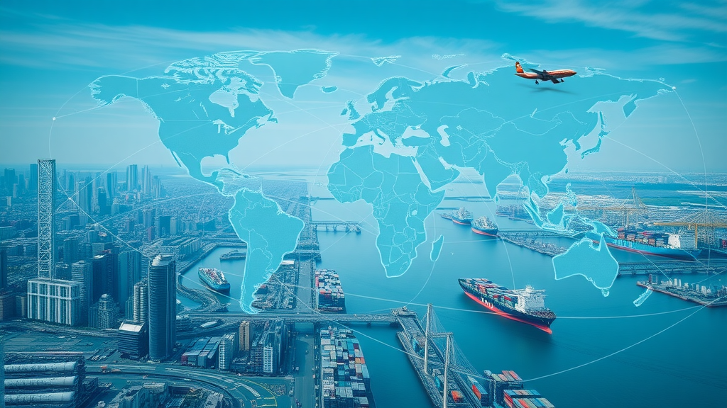 Dynamic global trade map highlighting regions with strong economic integration and animated data flows
