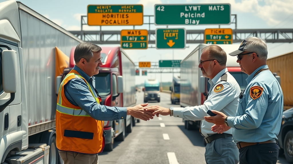 Photorealistic border checkpoint showing trucks and customs officials facilitating trade in a customs union