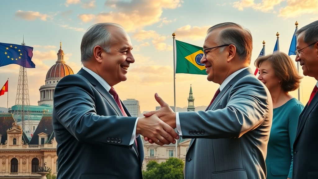 Collage showing EU and MERCOSUR cityscapes, leaders shaking hands, and iconic buildings representing economic integration