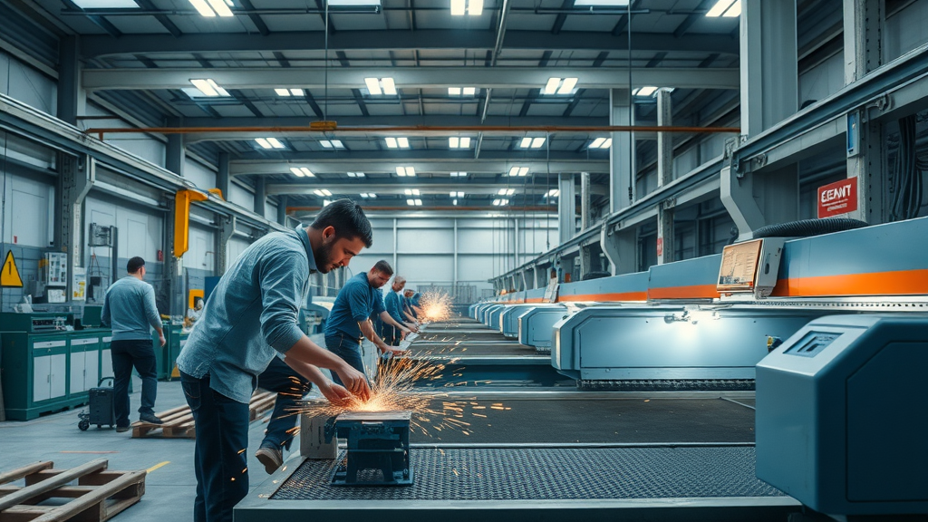cutting-edge sheet metal fabrication facility with skilled operators and laser cutting machines, showcasing efficient and organized sheet metal fabrication equipment in action