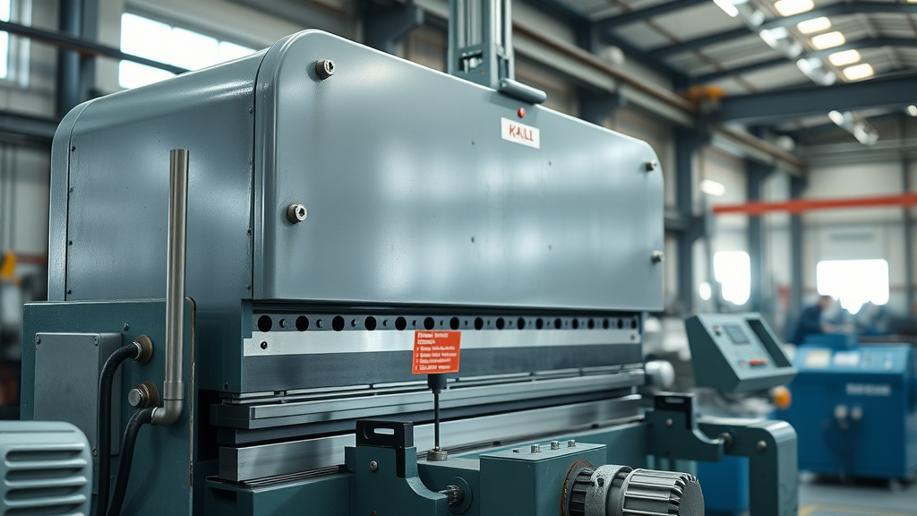 modern hydraulic metal brake in factory workshop showing operator adjusting controls, part of advanced sheet metal fabrication equipment
