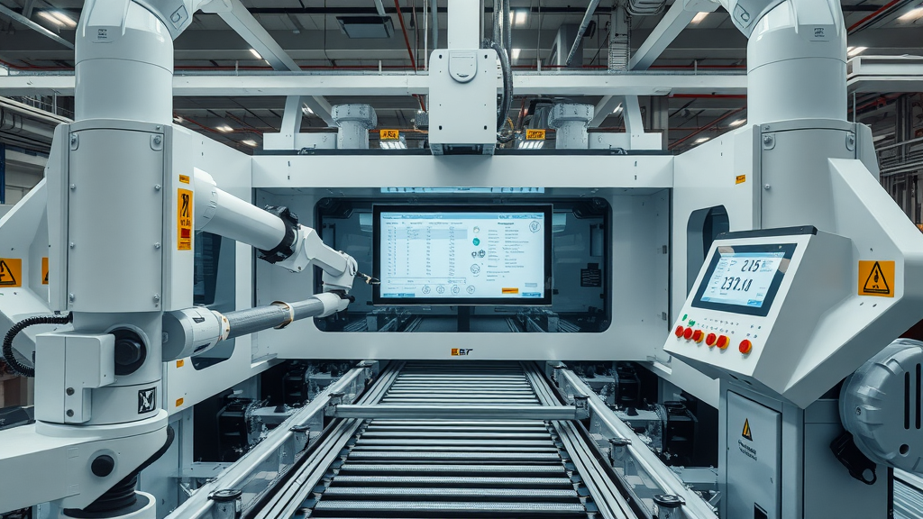 state-of-the-art automated sheet metal fabrication machine with robotic arms and data screens, highlighting digital integration in fabrication equipment