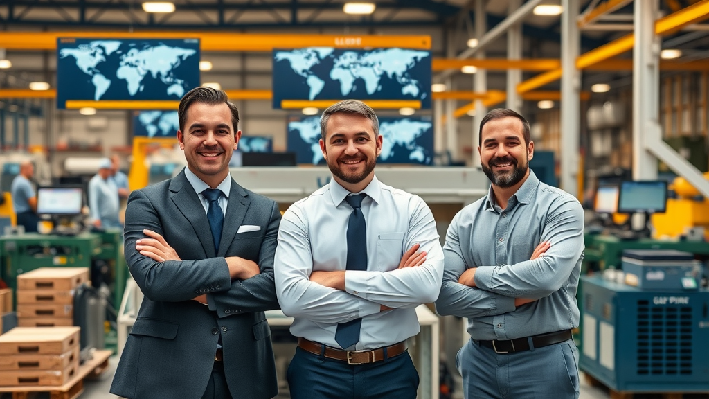 LVD executives at modern manufacturing floor with advanced sheet metal fabrication equipment, representing strategic navigation of global trade challenges