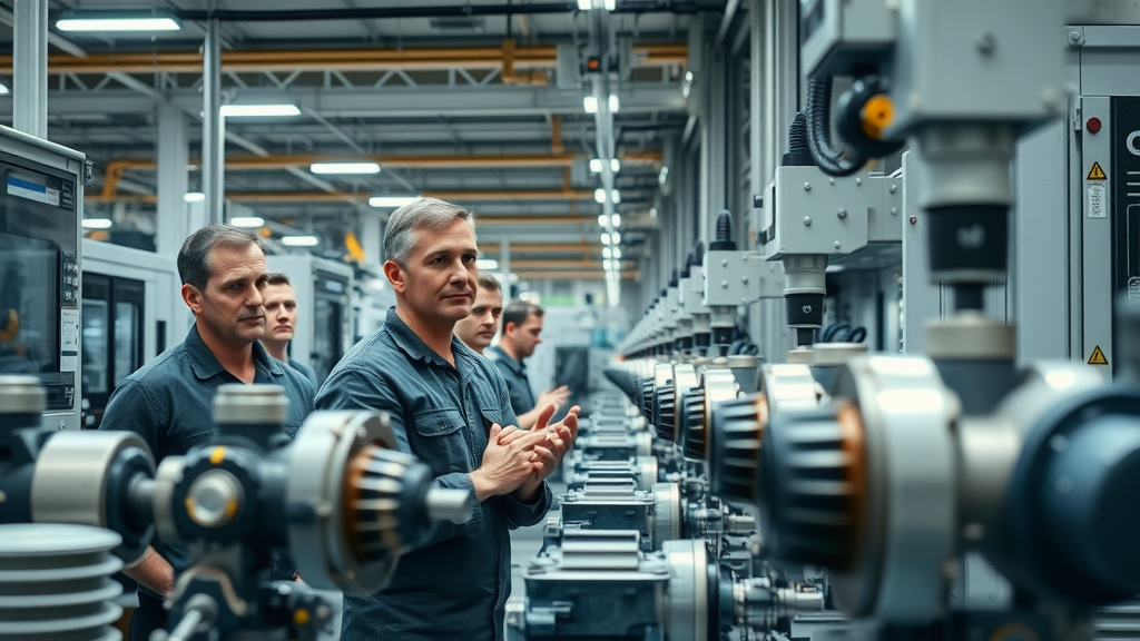 Industrial manufacturing floor with modern automated machinery, workers monitoring powered clamping systems, machines clamping metal parts, powered clamping in manufacturing